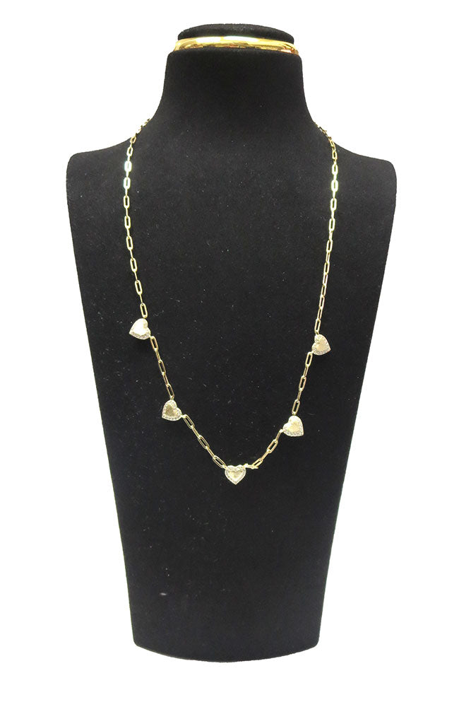 Gold Necklace with 5 Heart Pave CZ