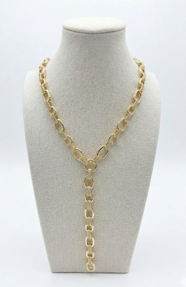 Gold CZ Oval Link Drop Necklace