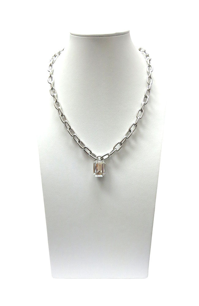 Antique Silver Necklace Medium Size Emerald Cut Crystal
