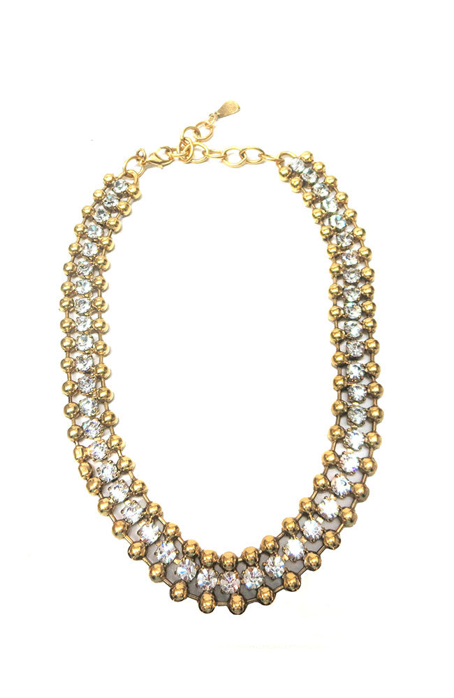 Gold 3 Row with Crystals Necklace