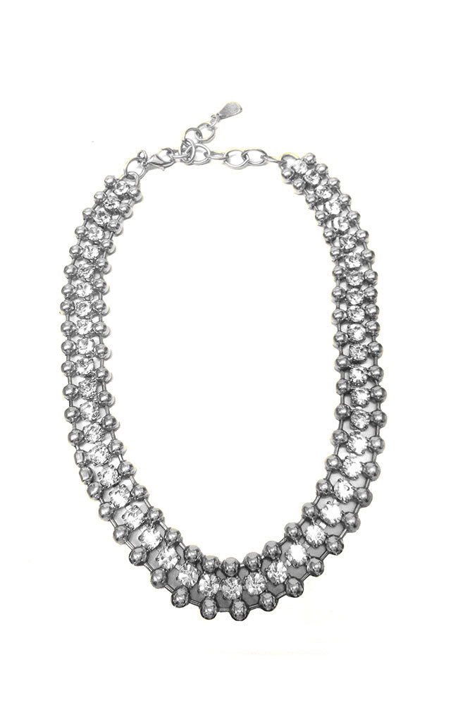 Silver 3 Row with Crystals Necklace