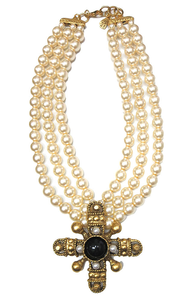 3 Pearl Strand Cross Necklace