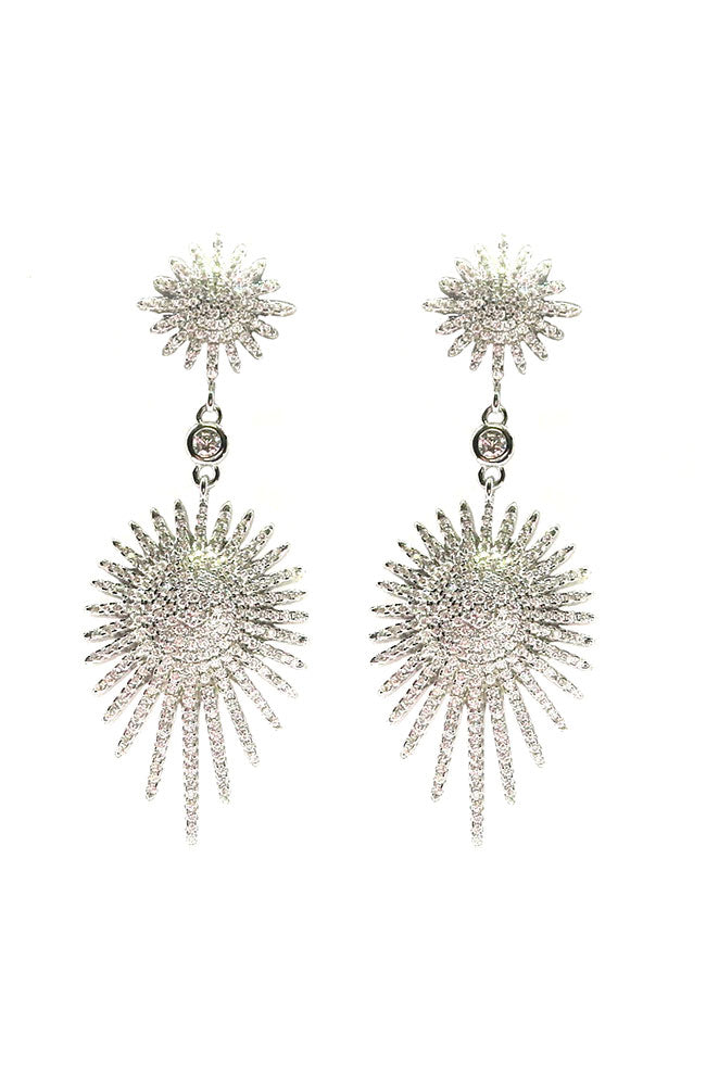 Silver CZ Sunburst Drop Earrings
