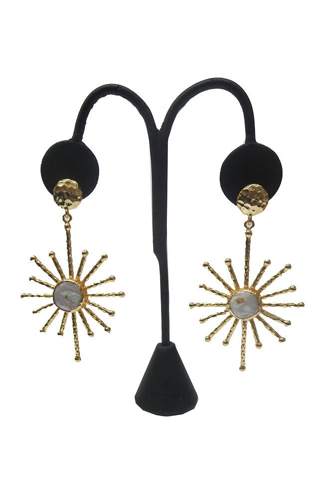 Gold Hammered Disc MOP Drop Earring