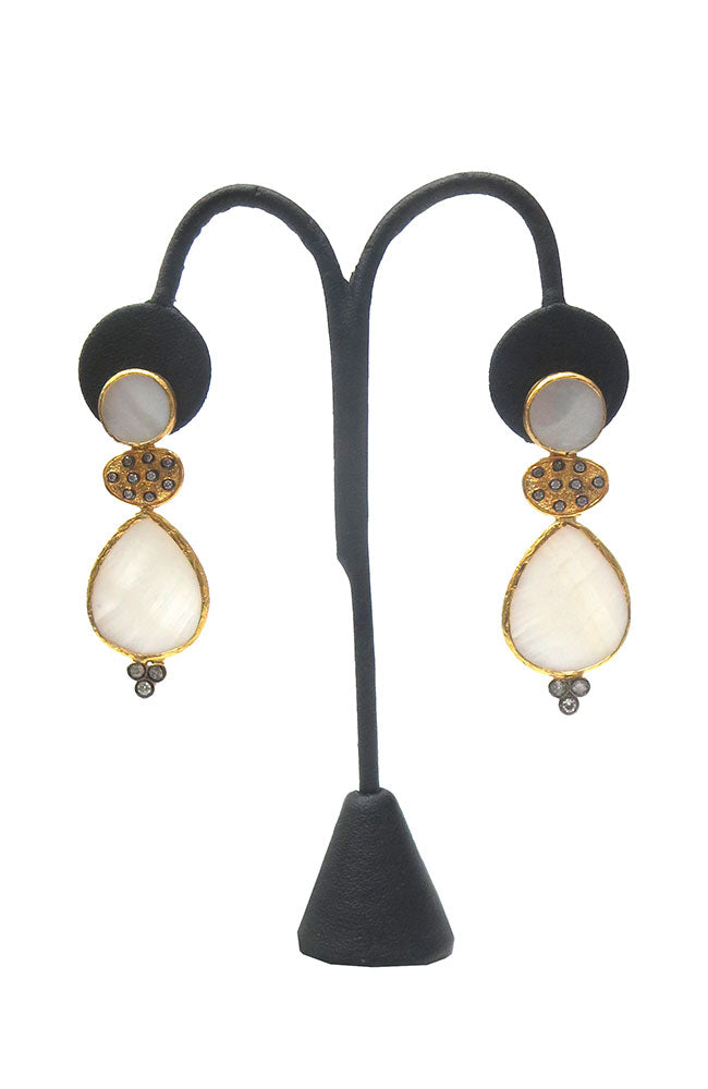 MOP Disc Gold CZ Drop Earring