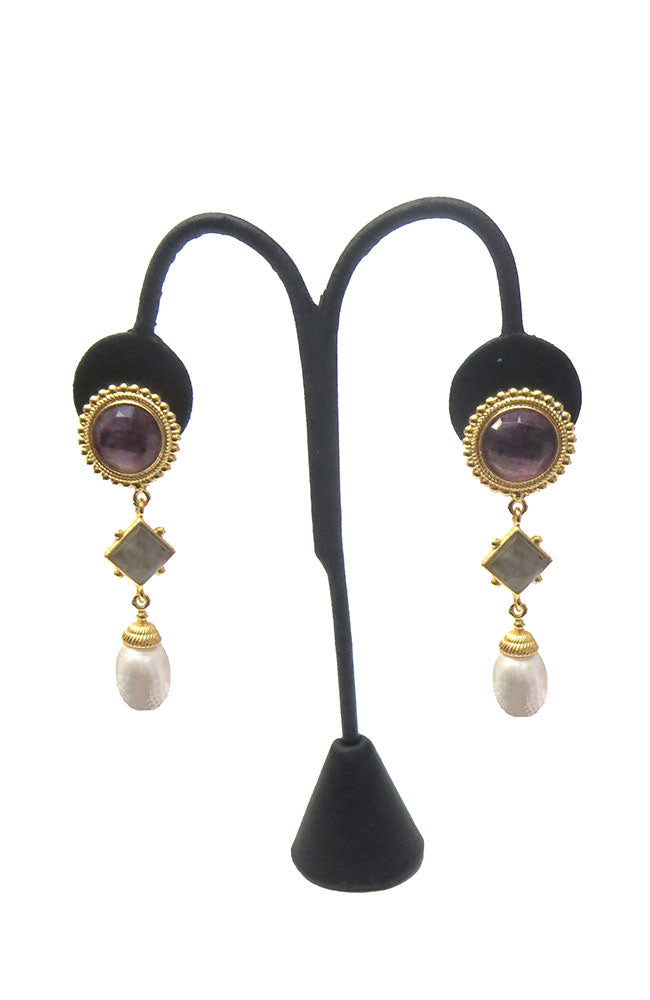 Gold Beaded Stone Pearl Drop Earring