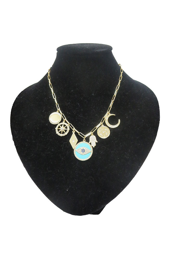 Turquoise EE Hamsa 7 Charm Necklace