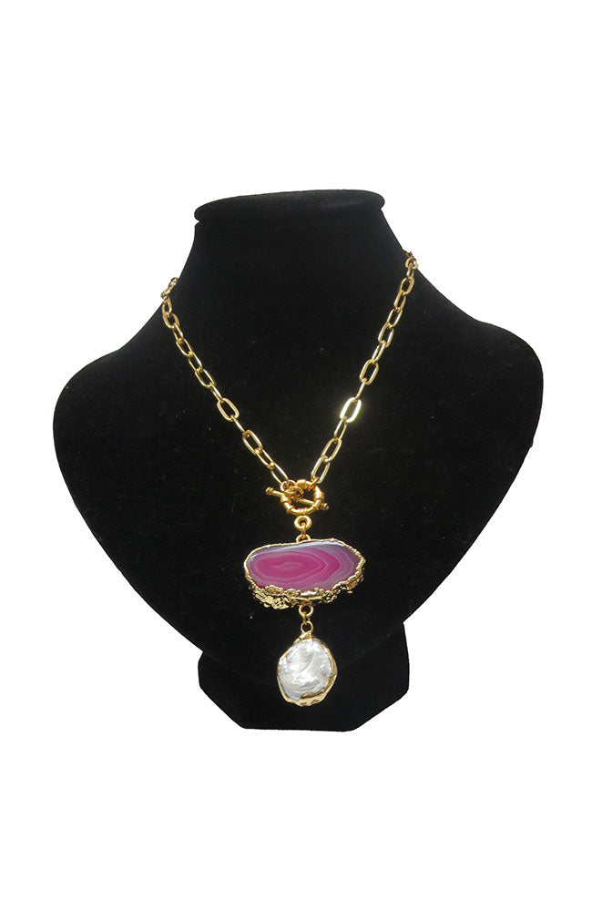 Gold Necklace Dark Amethyst Druzy Rnd FW Pearl Drop