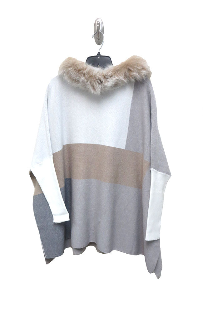 Colorblock Poncho Fox Trim Hood