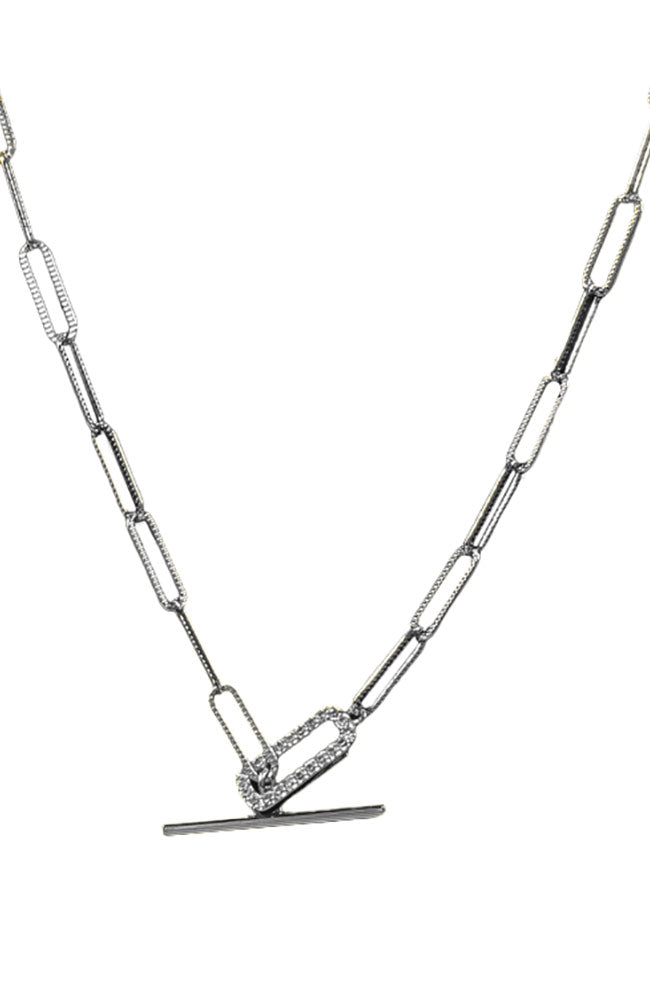 Paper Clip Chain Pave Bar Necklace