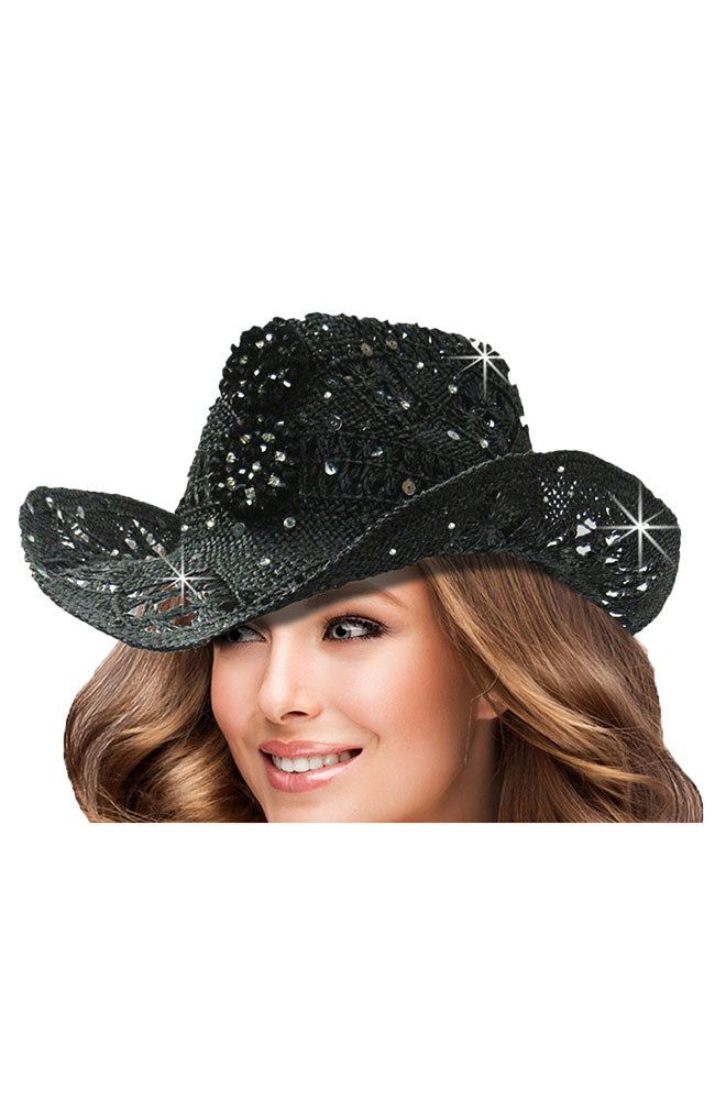 Black 3 Crystal Flowers Cowboy Hat