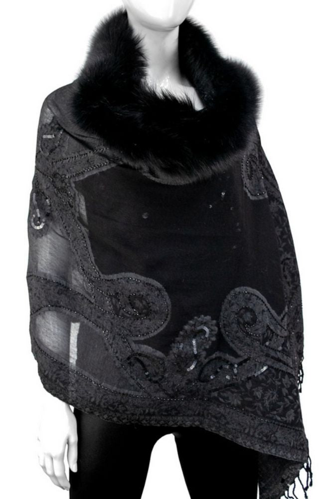Black Beaded Scarf Fox Trim