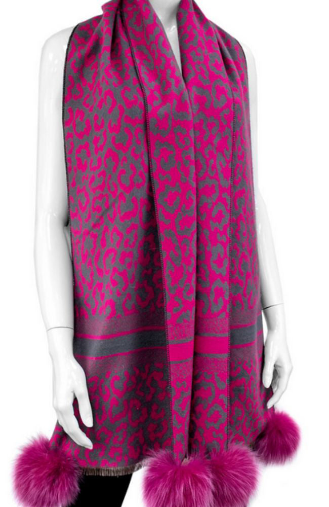 Pink Animal Print Scarf Poms
