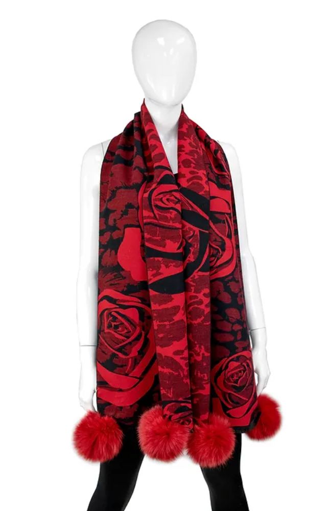 Rose Print Scarf Fox Pom Poms