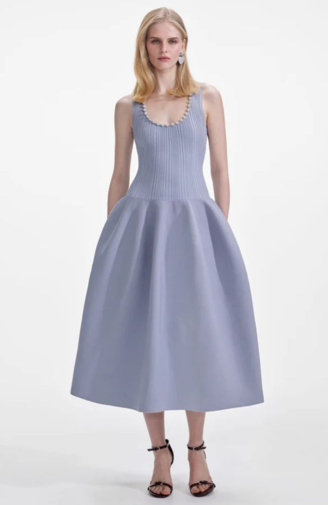 Blue Ribbed Knit Diamante Midi Dress