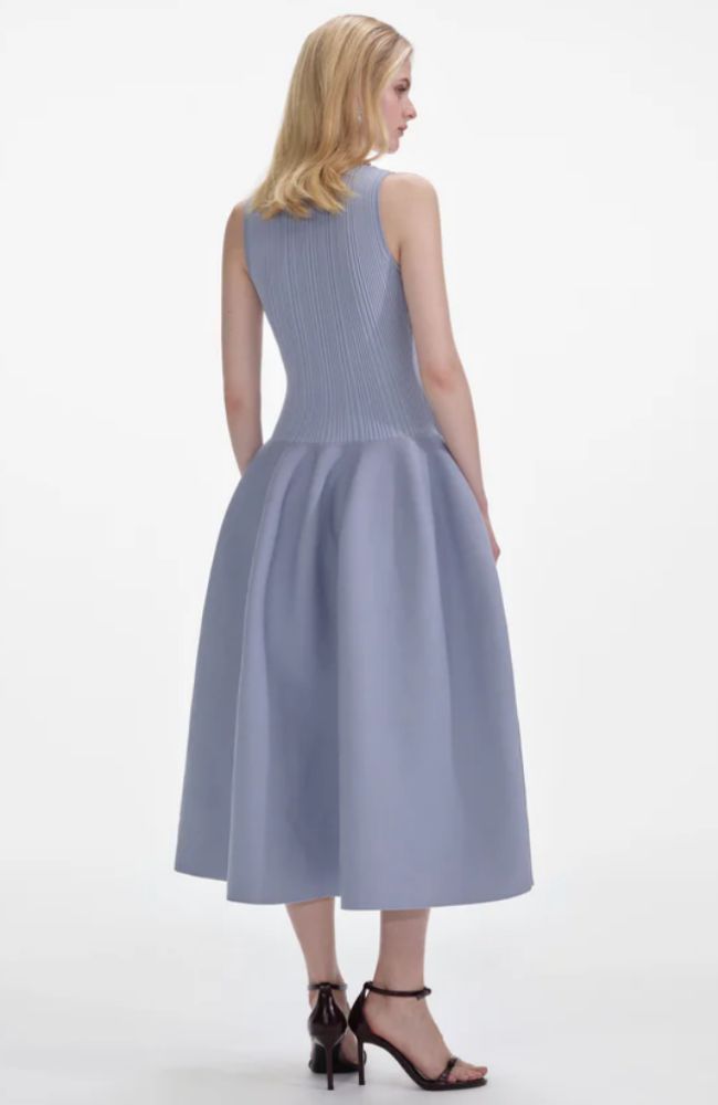 Blue Ribbed Knit Diamante Midi Dress