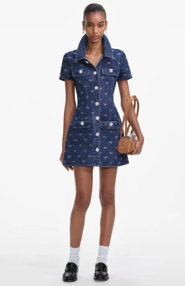 Denim Diamante Bow Mini Dress