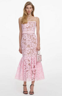 Pink Crochet Lace Midi Dress