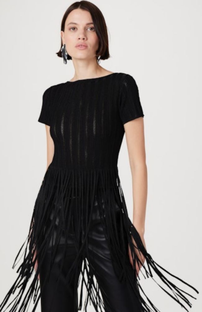 Kyra SS Boat Neck Fringe Tee