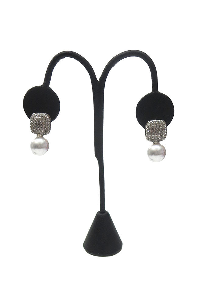 Silver Pave Square One Pearl Earring