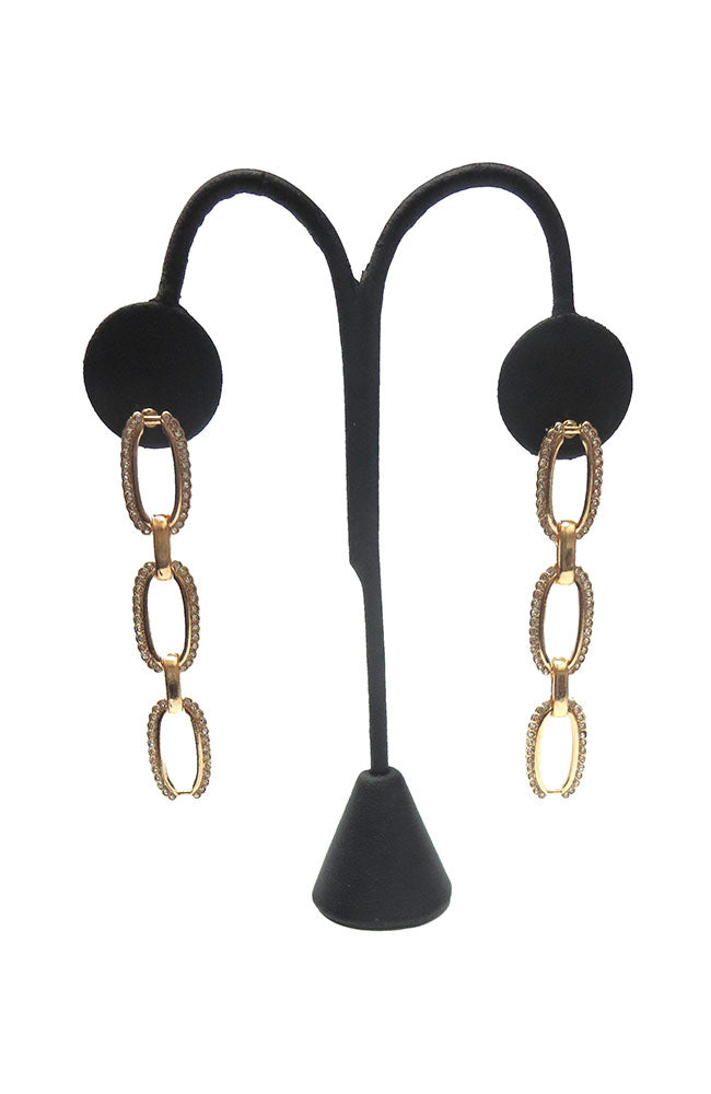 Gold 3 Pave Oval Drop Earrings