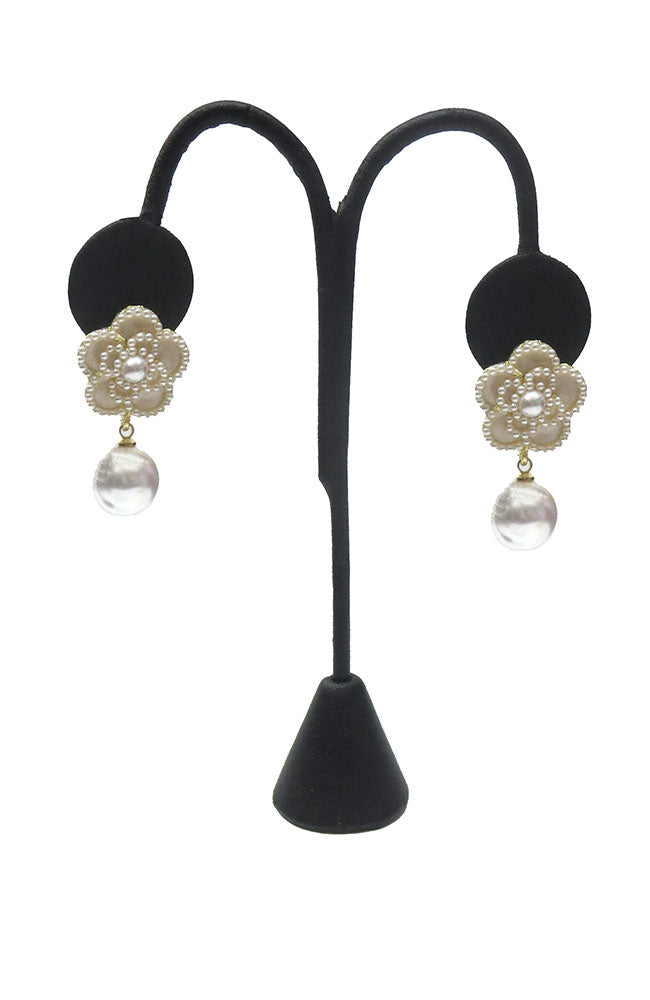 Cream Flower Pearl Drop Earrings