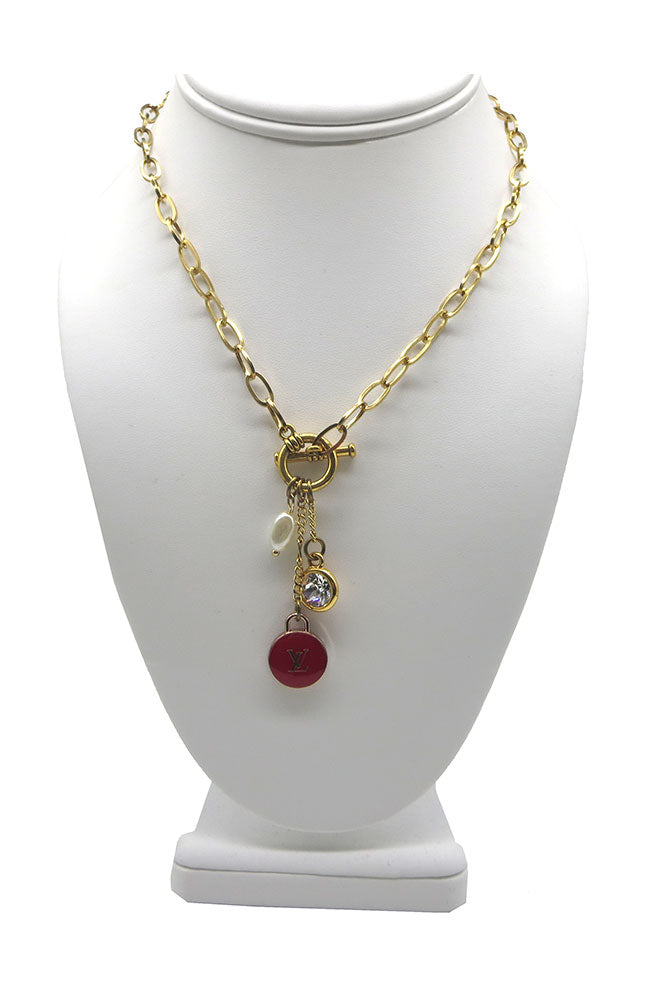 LV Red Toggle Charm Gold Necklace