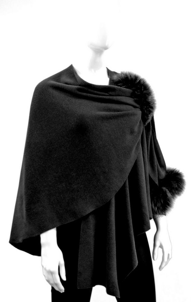 Black Knit Wrap Fox Poms