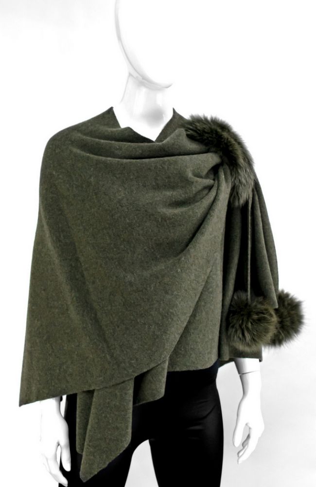 Khaki Knit Wrap Fox Poms