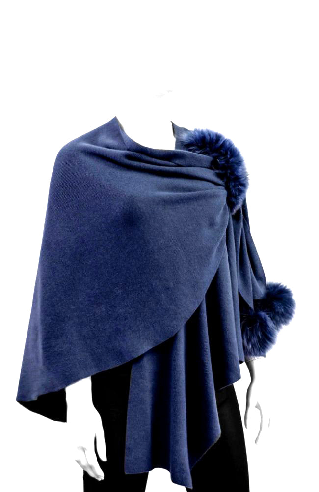 Navy Knit Wrap Fox Poms