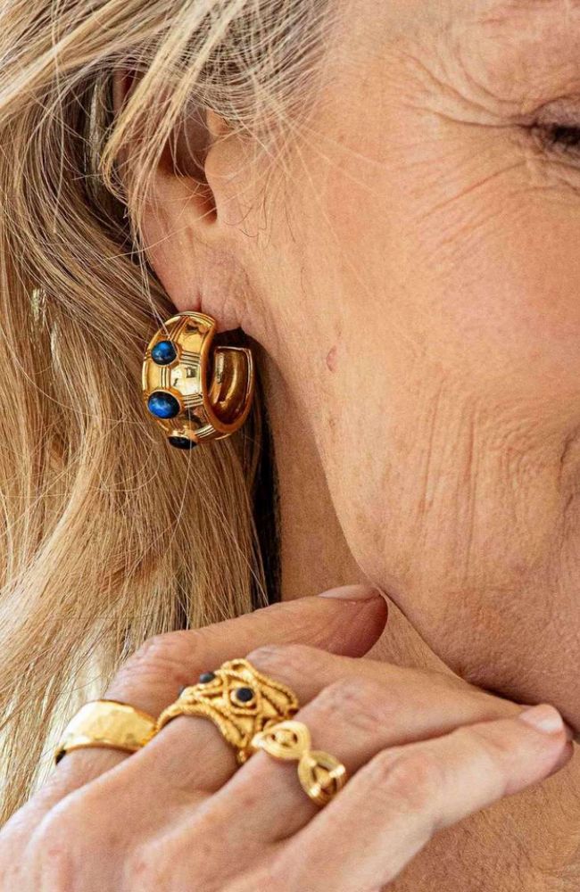 Cleopatra Bold Hoop Earrings Gold/Blue Labradorite