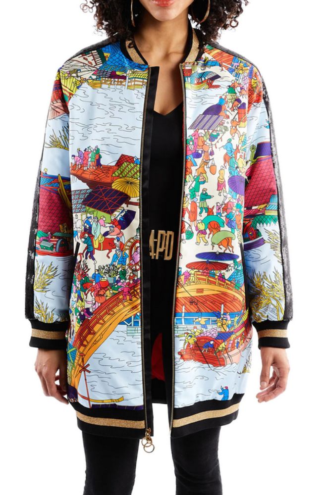 Long Asian Print Bomber Jacket