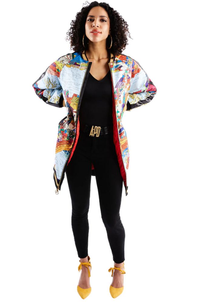 Long Asian Print Bomber Jacket