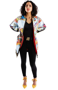 Long Asian Print Bomber Jacket