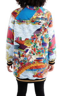 Long Asian Print Bomber Jacket
