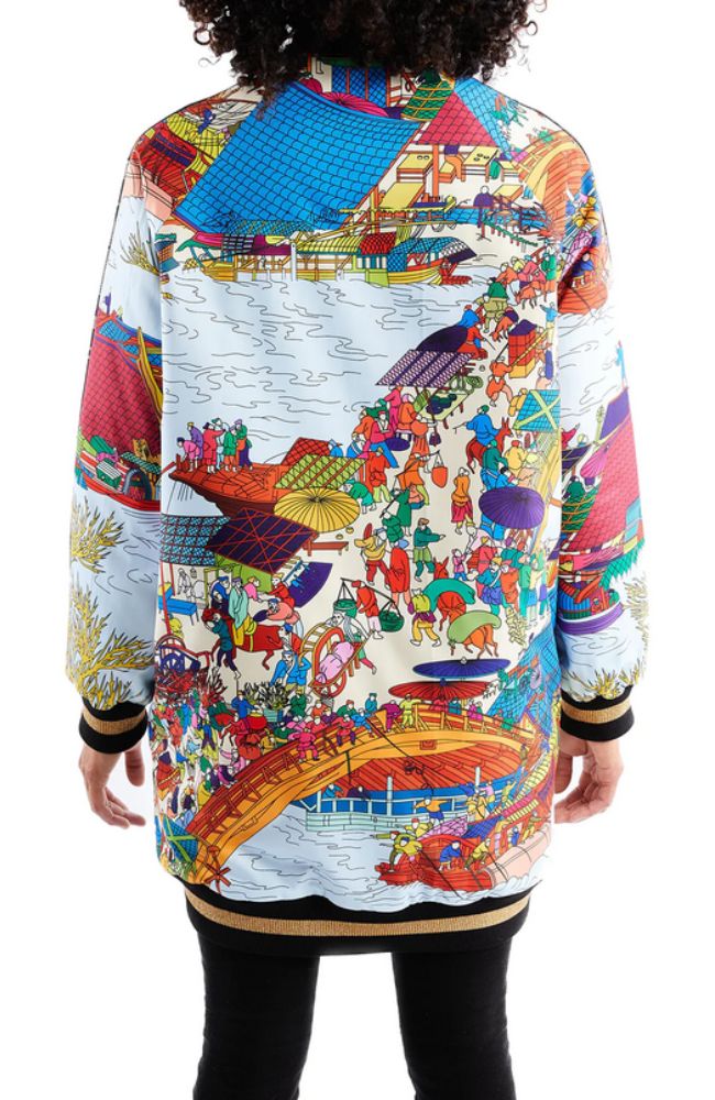 Long Asian Print Bomber Jacket