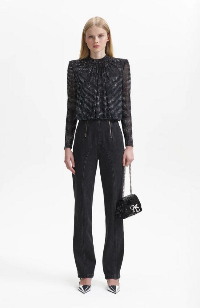 Black Rhinestone Mesh Top