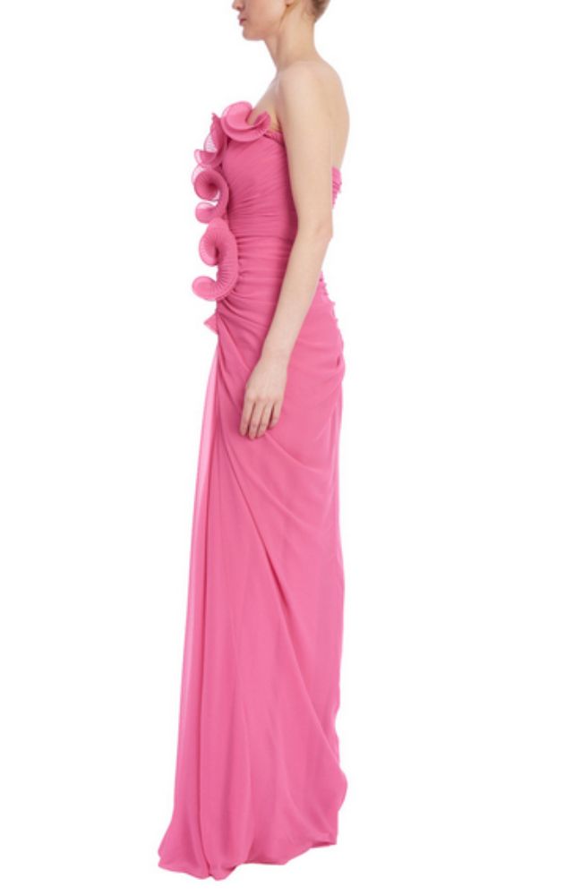Draped Ruffle Strapless Gown