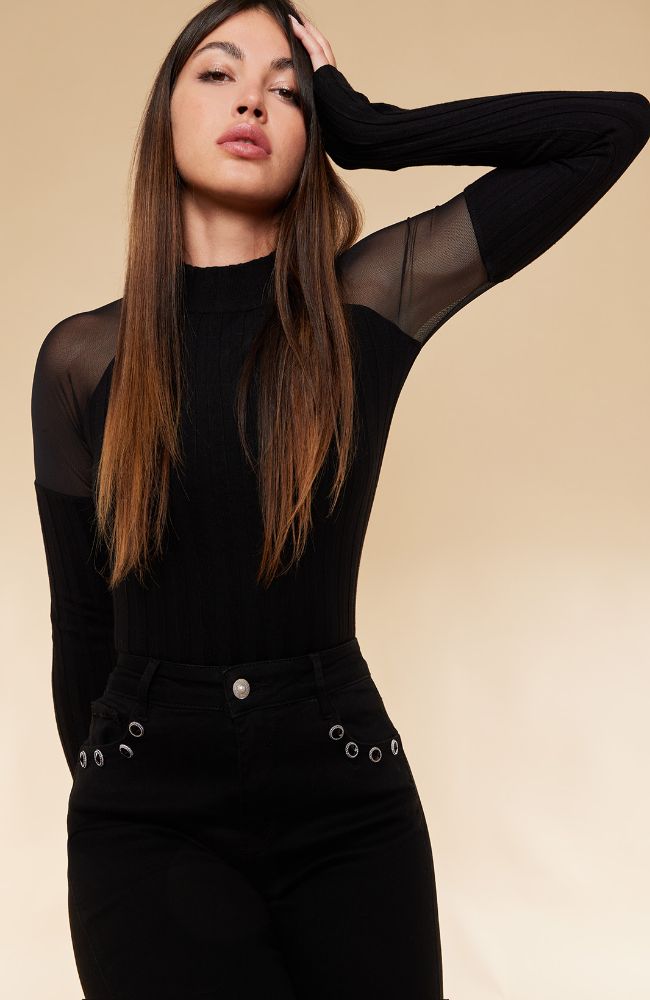 Mock Neck Sheer Knit Top