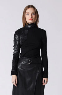 Leather Trimmed High Neck Top