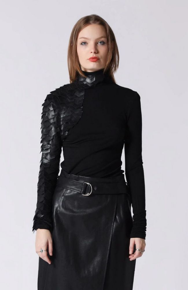 Leather Trimmed High Neck Top