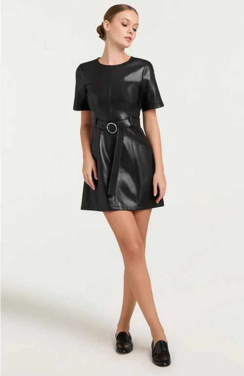 Vegan Leather Sleeve Dress in Black