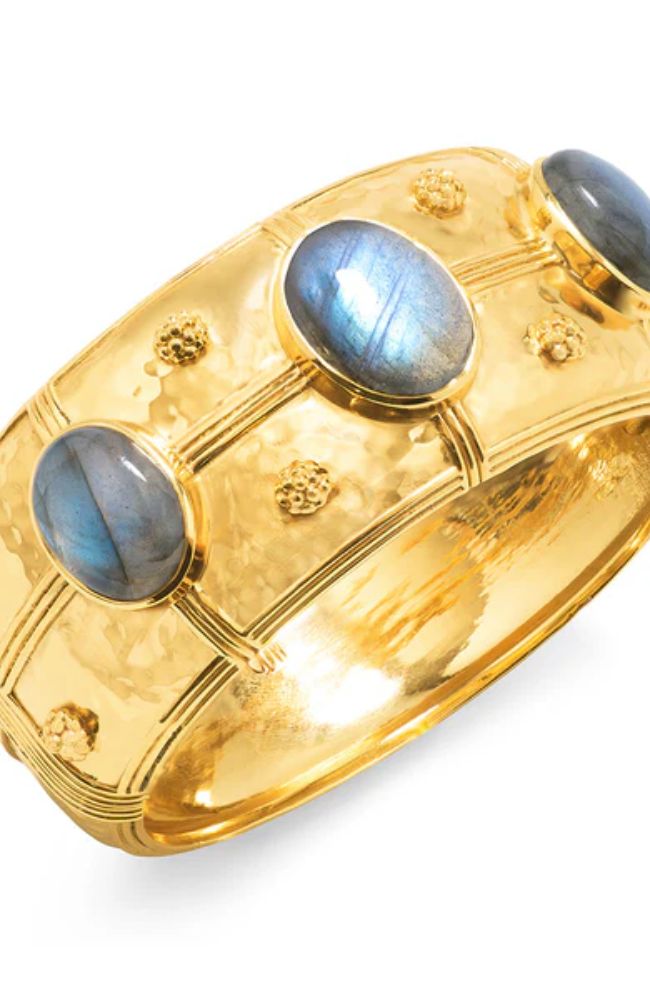 Cleopatra Grande Hinged Bangle Gold Blue Labradorite