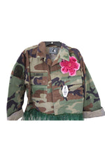 Crop Green Camo Jacket with Applique and Feather