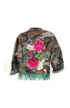Crop Green Camo Jacket with Applique and Feather