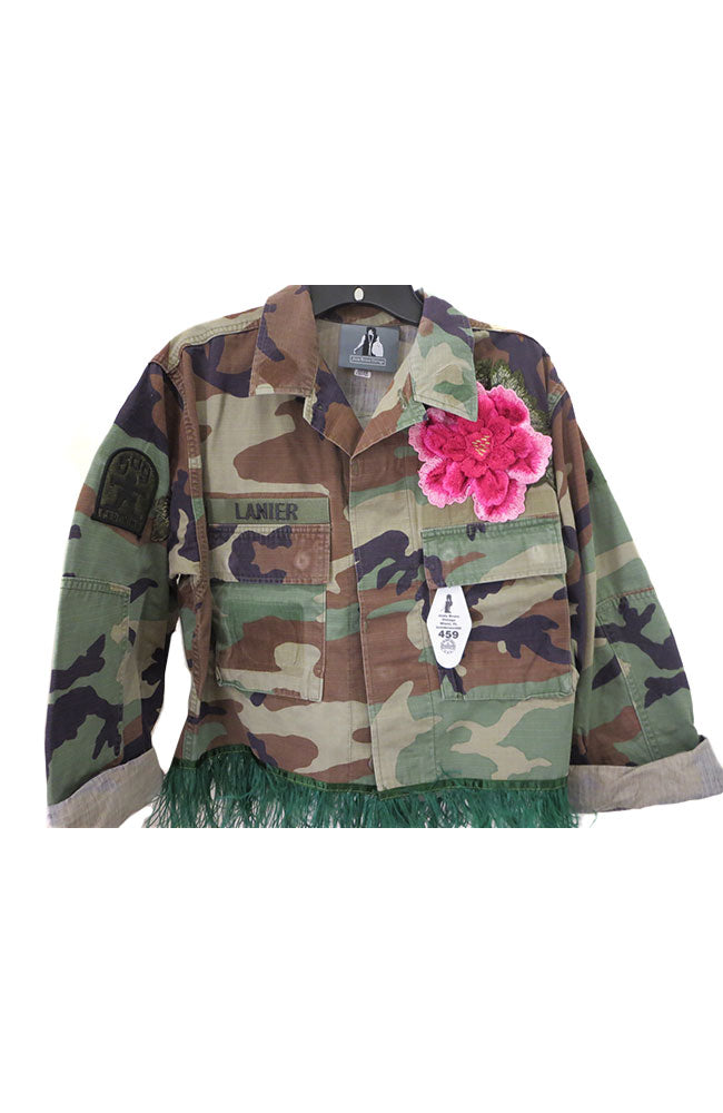 Crop Green Camo Jacket with Applique and Feather