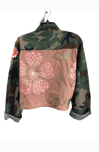 Dusty Rose Jacket, Crop, Green Camo, Appliques