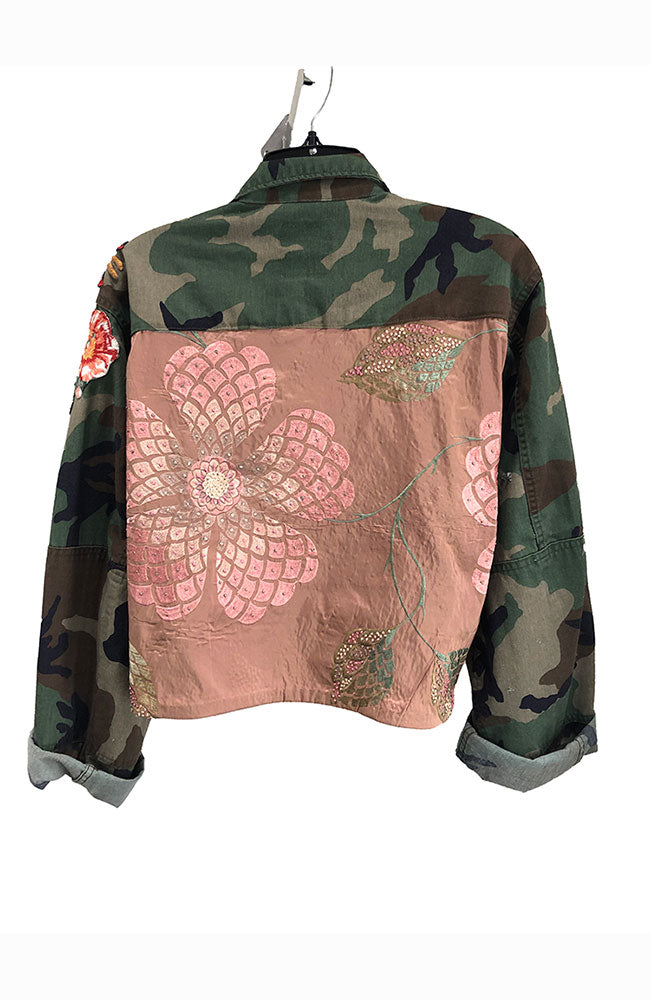 Dusty Rose Jacket, Crop, Green Camo, Appliques