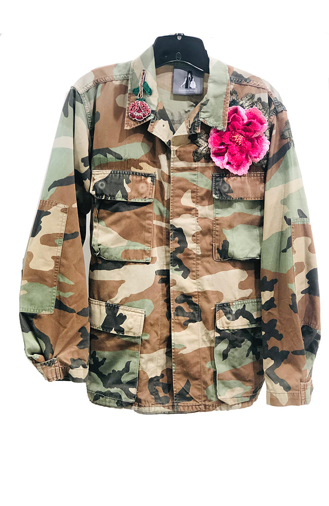 Camo Long Jacket with Embellishment & Tie Back