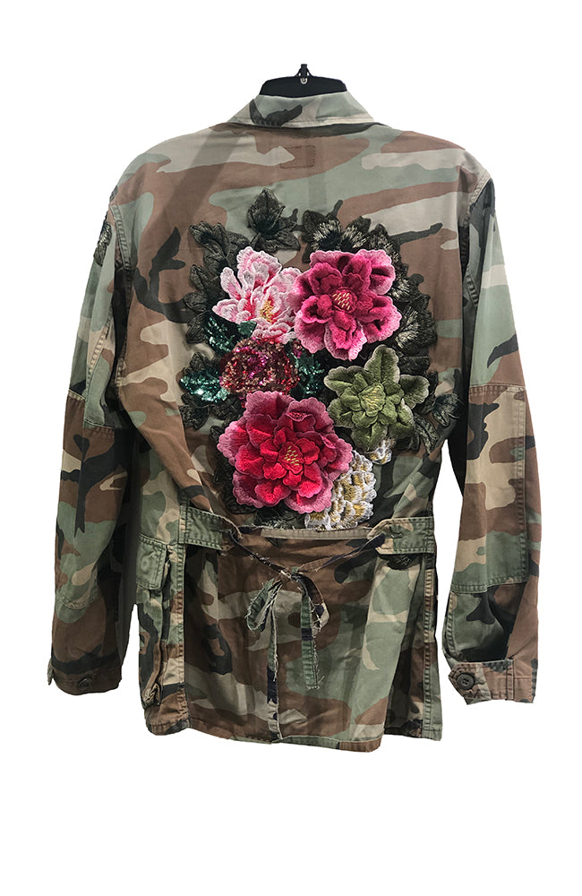 Camo Long Jacket with Embellishment & Tie Back